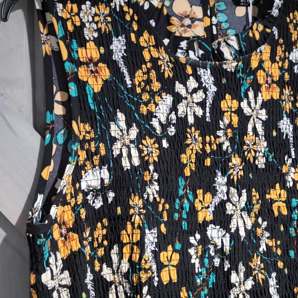 Floral Shirred Mock Neck Cut Out Pocket Ruffle Hem Dress - Picture 6 of 15